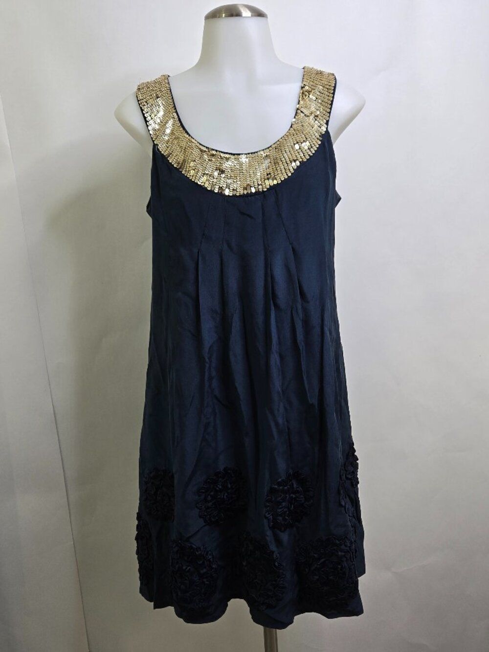 Nanette Lepore Dress 4 100% Silk Navy Blue Gold Sequin A-line Floral Tent Y2K